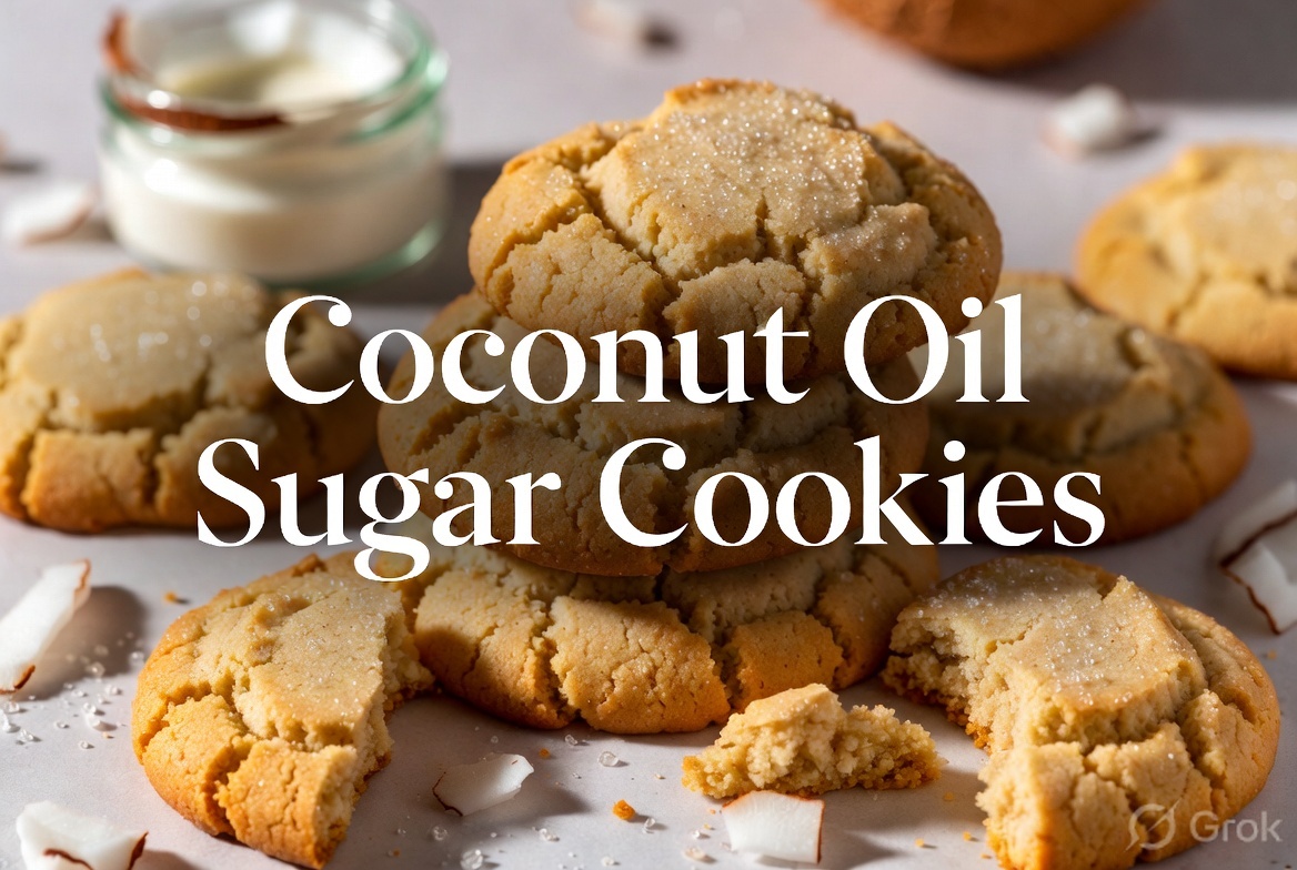 Images of coconut oil sugar cookies, with fancy text on top of them