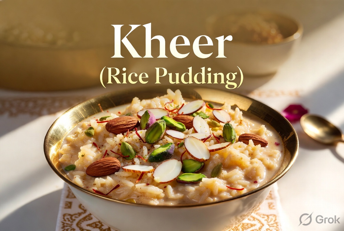 Image of kheer (or rice pudding) in a soft blurred background, covered in dry fruits.