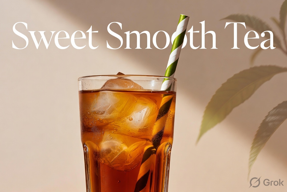 An image of a glass cup showing smooth sweet tea, in a beach like background.